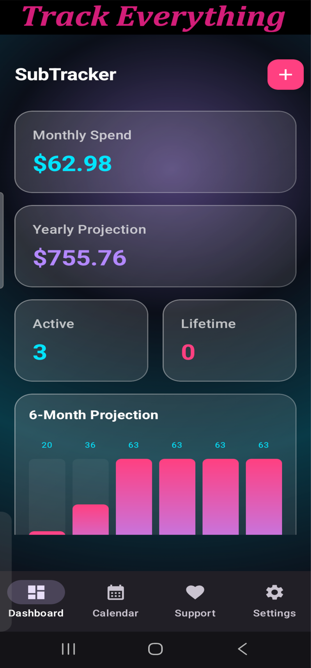 SubTracker main dashboard showing subscription list