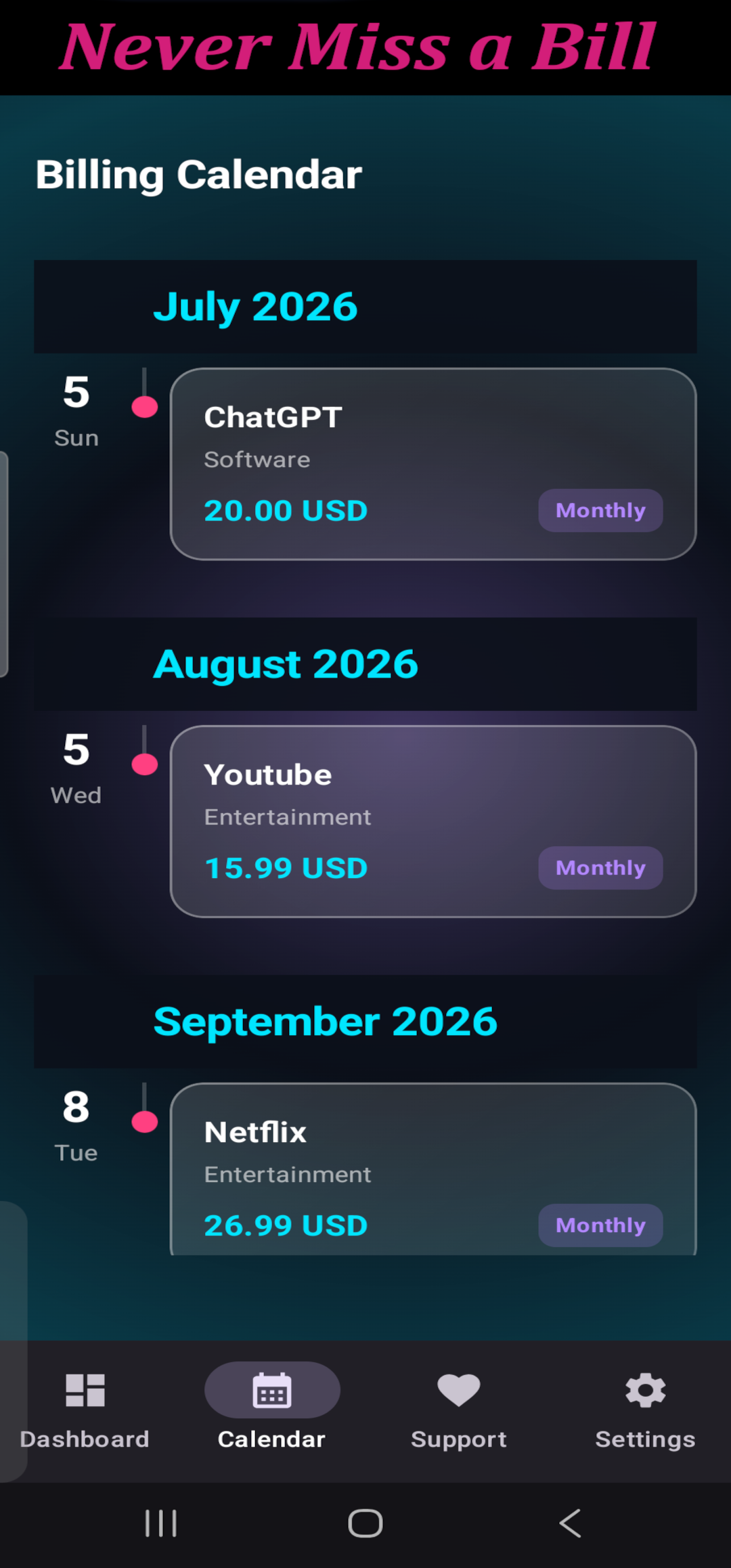 SubTracker analytics view with spending charts